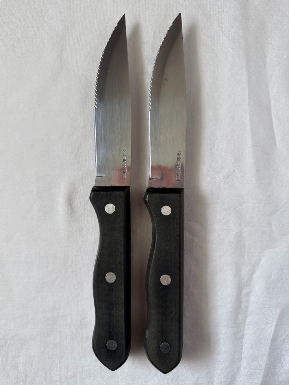 Set of 2 Stainless Steel Steak Knives with Black Handles Very Sharp